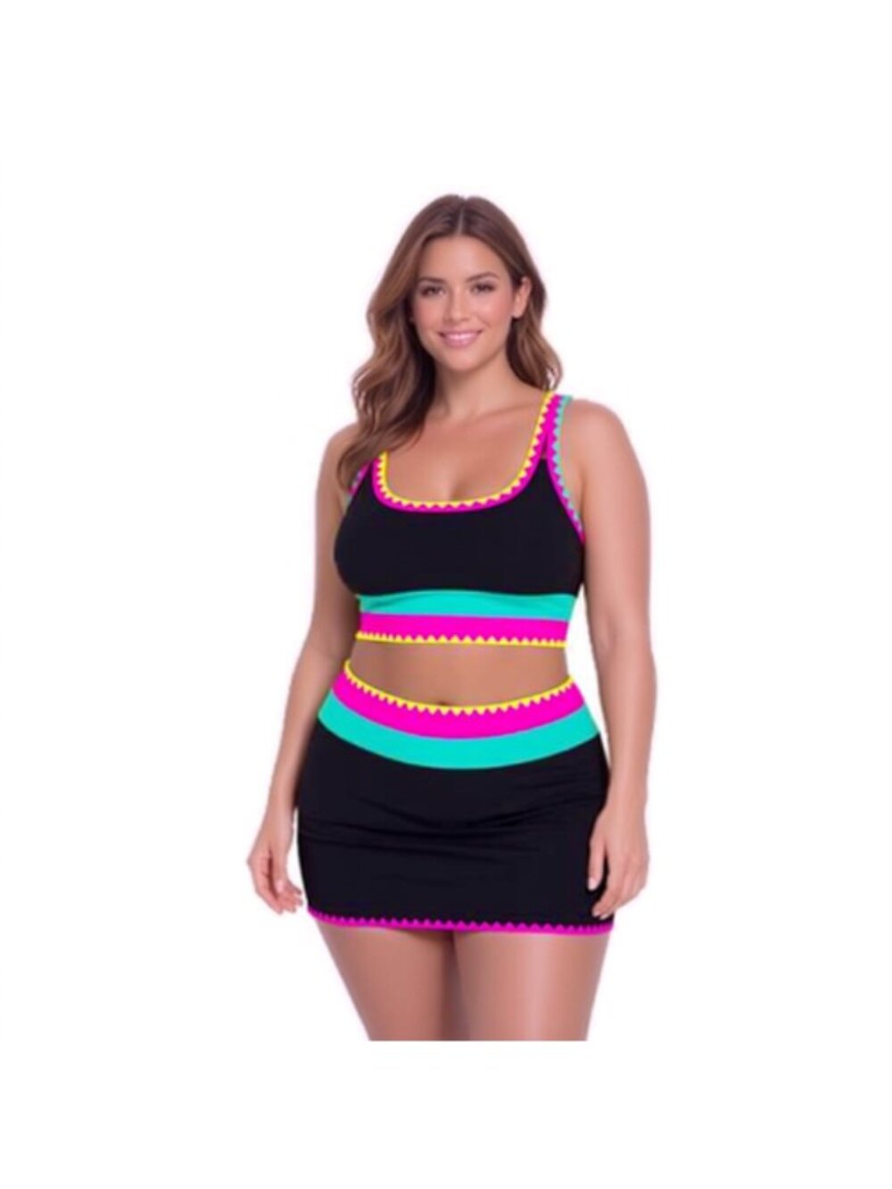POPVIL XL Black Neon 3 Piece High Waisted Bikini with Skirt Tummy Control NWT